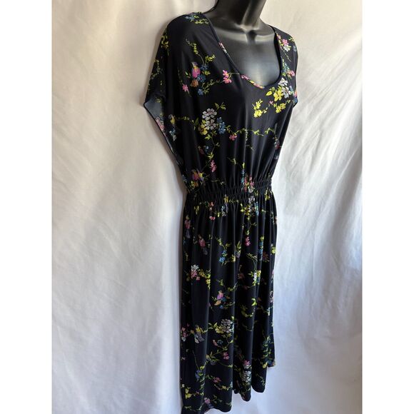 Young USA Navy Blue Floral Midi Open Back Dress Size M Shift Feminine Church - Picture 4 of 10